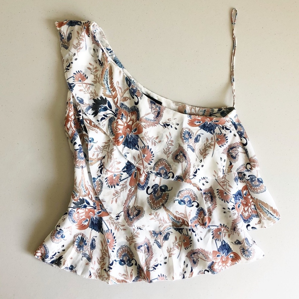 Intermix Tiered Silk Floral One-Shoulder Top